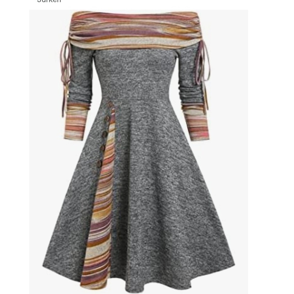Earthy Coquette Boho Autumn Fall Grey Striped Off Shoulder Dress 1XL